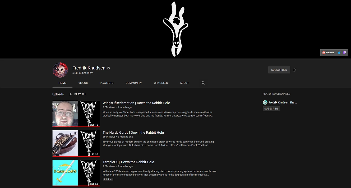 A screenshot of Fredrik Knudsen's youtube channel